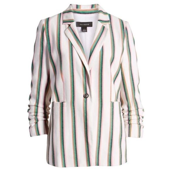 Halogen Colorful Stripe Ruched Sleeve Cotton Blend Blazer 2X One Button - Picture 1 of 12